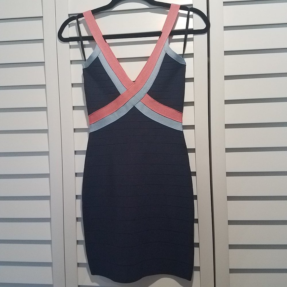 Bebe Navy Blue Bandage Dress with Peach Trim